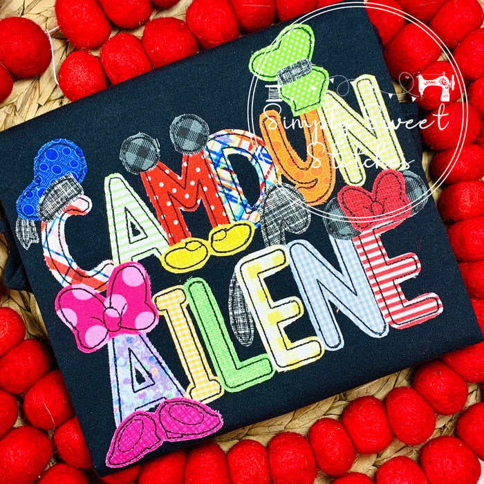 2284 - GIRL MOUSE AND FRIENDS NAME - APPLIQUE CHILD SHIRT