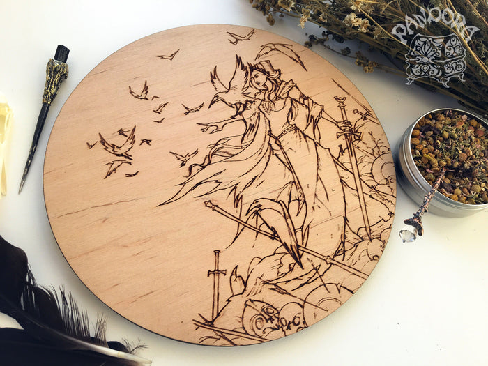 Wooden pentacle with engraving Morrigan goddess from Irish mythology. Also known as Morrigu. She is goddess of battle, fate and war.