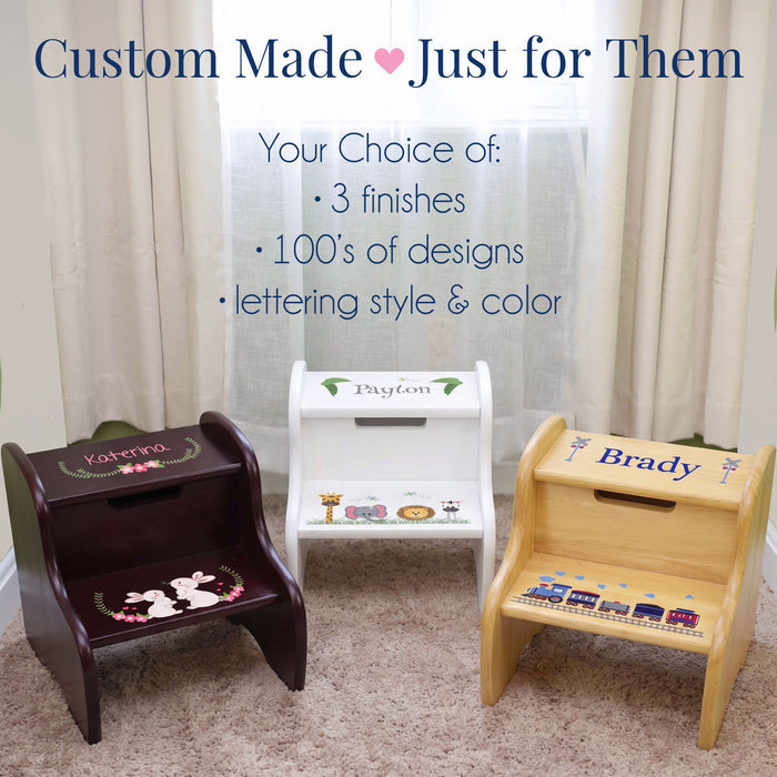 Personalized Pink Ladybug Espresso Two Step Stool - MyBambino.com