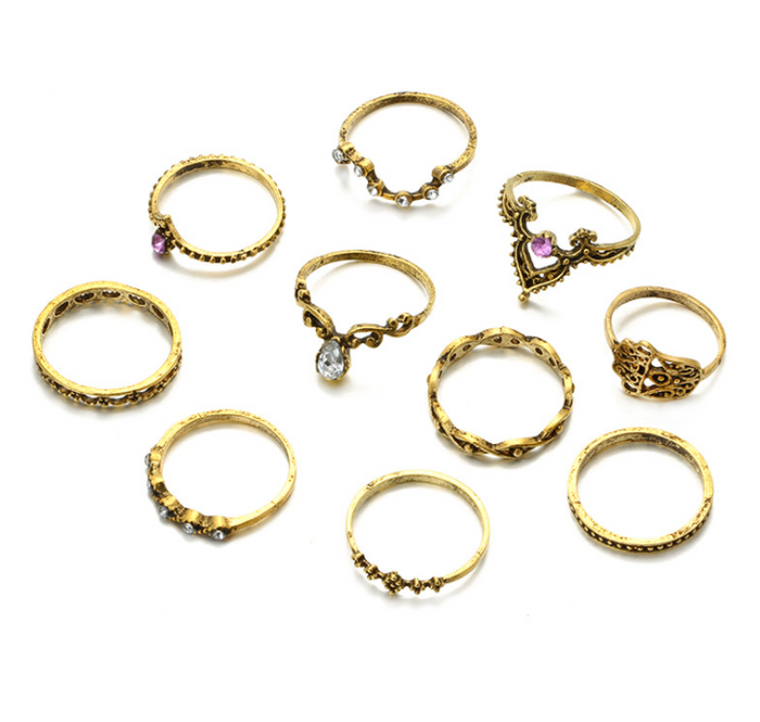 Purple Diamond Ring Set Hollow Twist Palm Crown Joint Combination 10 Pieces cjdropshipping