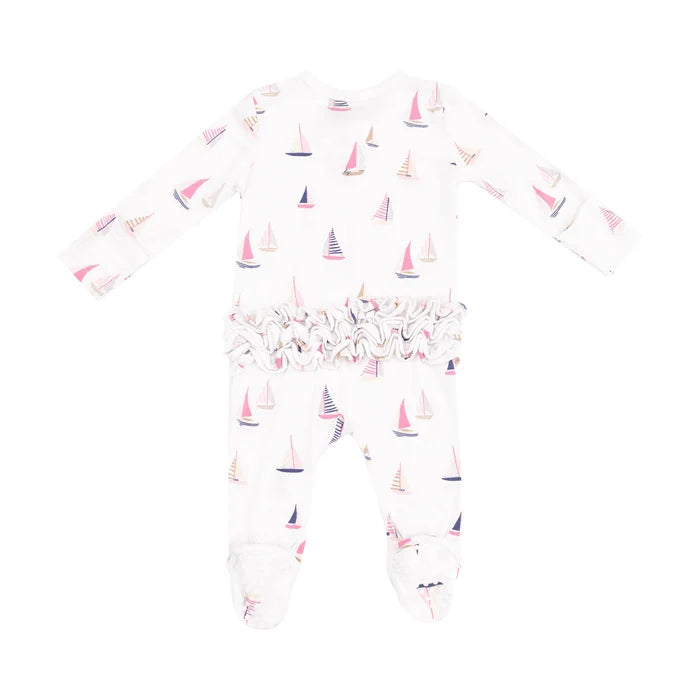 Sailboats 2 Way Zipper Ruffle Back Footie- Girl