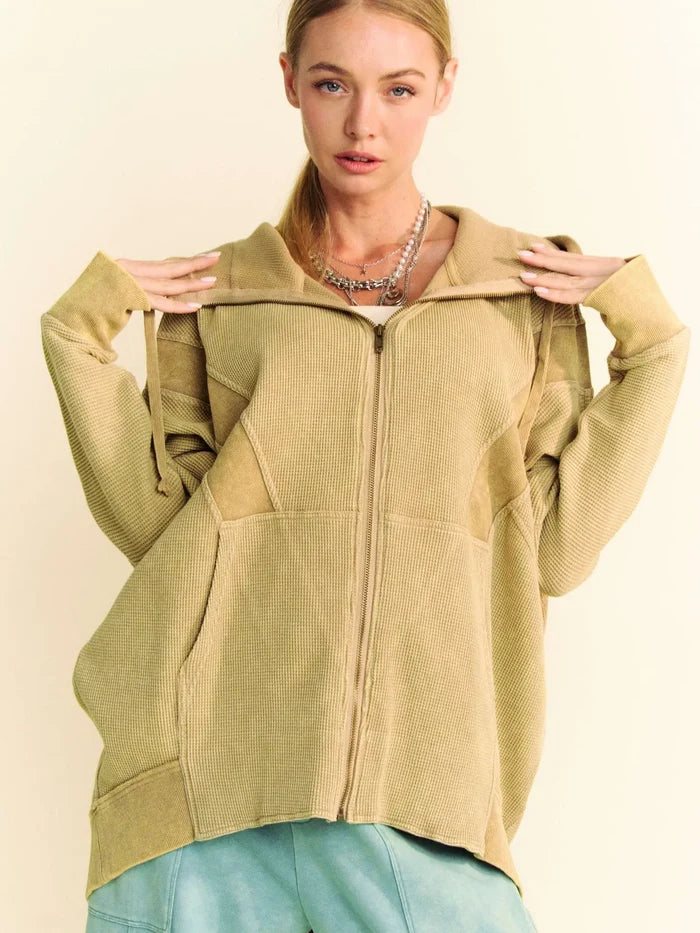 Washed Waffle Knit Rib Contrast Hooded Jacket