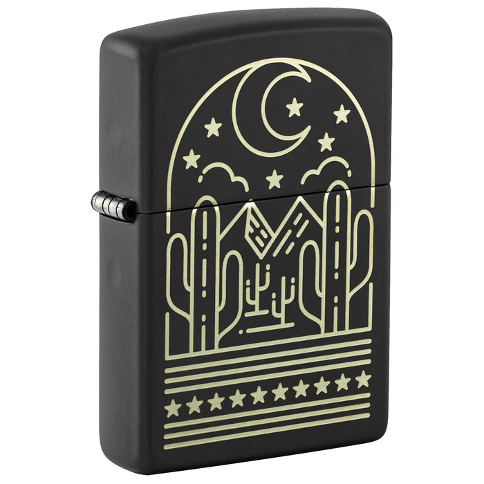 Zippo Lighter: Cactus at Night Design - Black Matte 47531