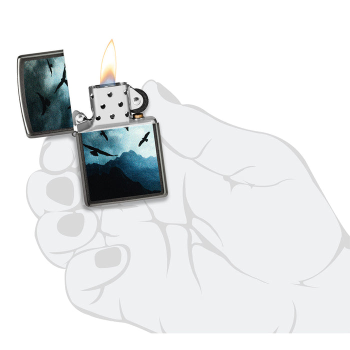 Zippo Lighter: Mountain and Hawks Flying - Gray Dusk 47041
