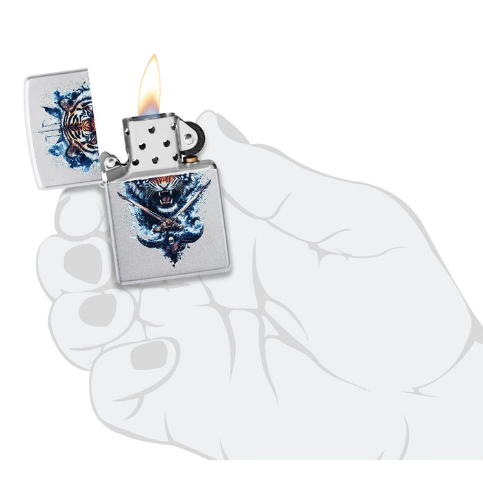 Zippo Lighter: Tiger Crest Design - Satin Chrome 47020