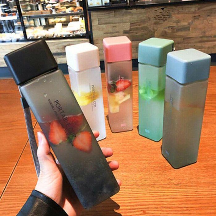 1 pcs 450ml transparent square plastic frosted cup outdoor cold juice sports with portable milk rope water cup DSers
