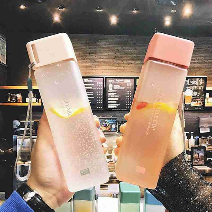 1 pcs 450ml transparent square plastic frosted cup outdoor cold juice sports with portable milk rope water cup DSers