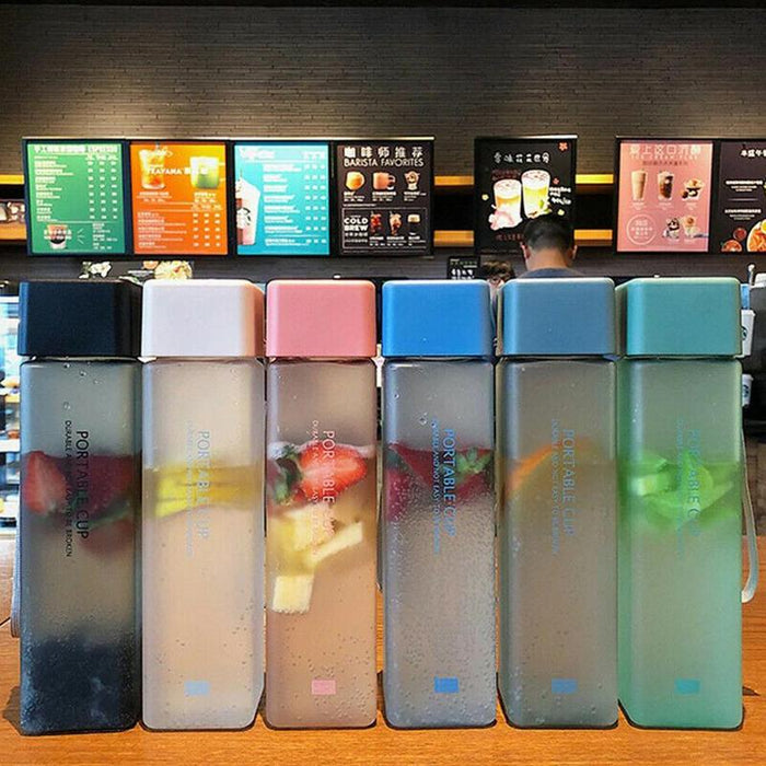 1 pcs 450ml transparent square plastic frosted cup outdoor cold juice sports with portable milk rope water cup DSers