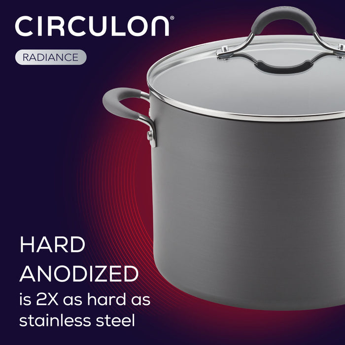 10-quart black hard-anodized aluminum stockpot with a lid and side handles, featuring a durable nonstick system.