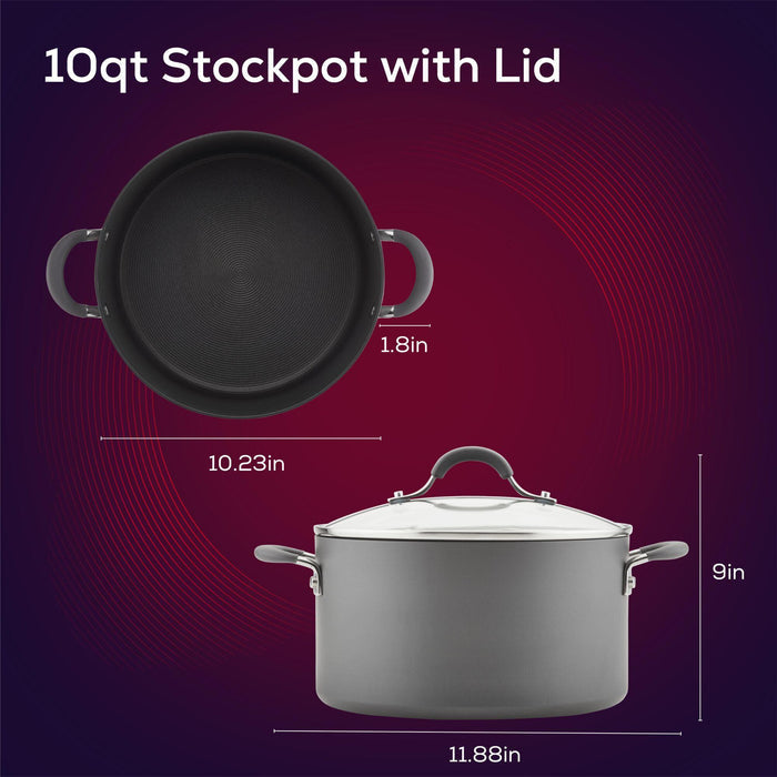 10-Quart Pot: Large Nonstick Stockpot, constructed from hard-anodized aluminum for lasting durability, featuring a top-tier nonstick system and presented against a red background.