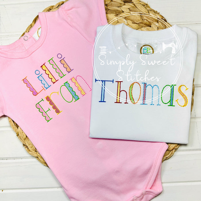 1715 - GIRLS SCALLOPED NAME BRIGHT COLORS - SKETCH CHILD SHIRT