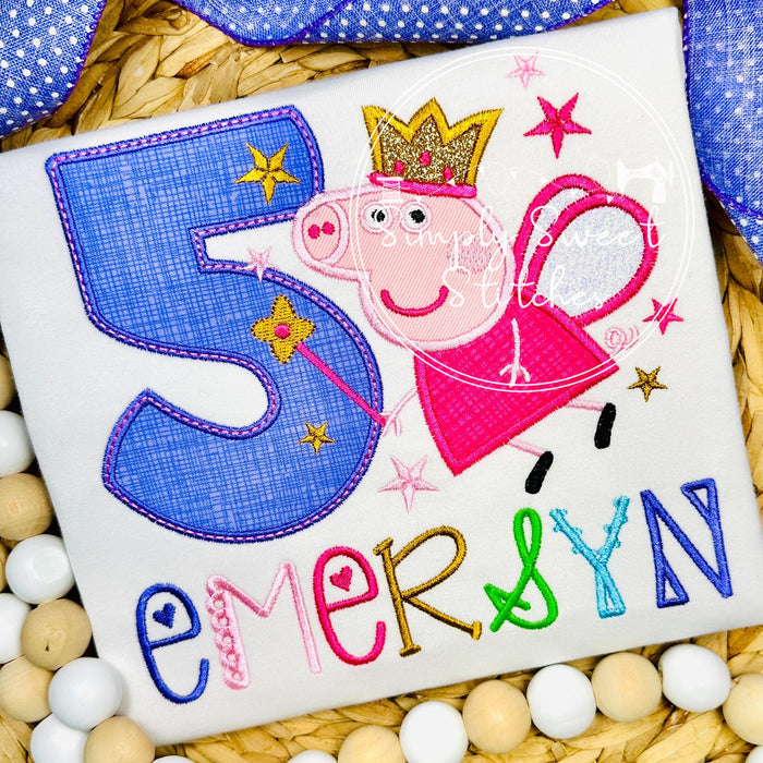 2481 - PINK PIGGY BIRTHDAY NUMBER - APPLIQUE CHILD SHIRT