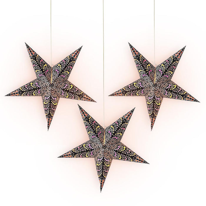 24 Inch Black Aloha Paper Star Lantern and Lamp Cord Hanging Decoration (3-PACK + CORD + BULBS)