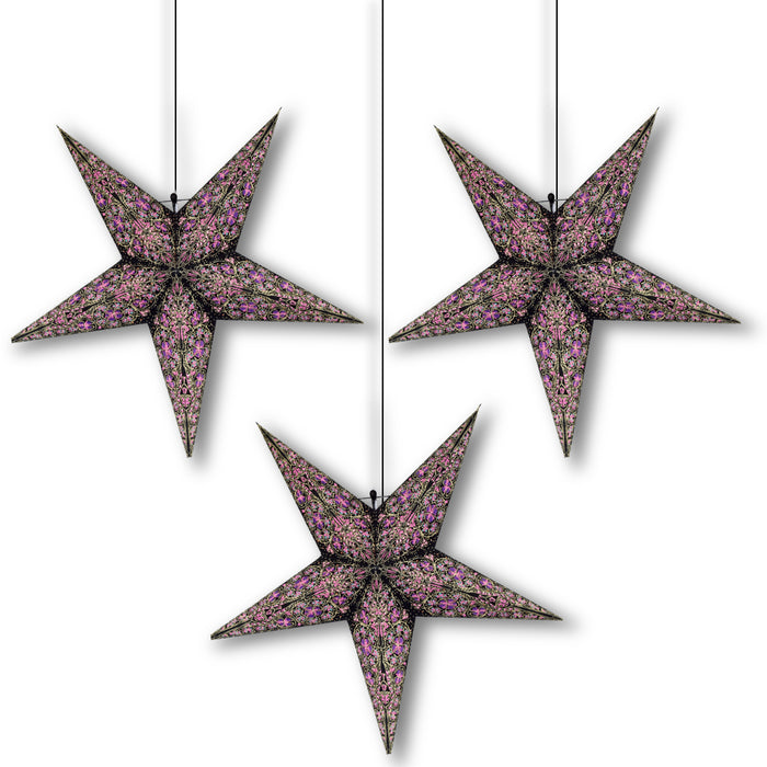 24 Inch Purple Garden Paper Star Lantern and Lamp Cord Hanging Decoration (3-PACK + CORD + BULBS) - Luna Bazaar | Boho & Vintage Style Decor