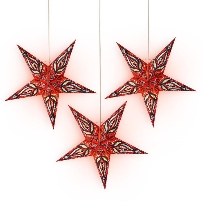 24 Inch Red / Black Bloom Paper Star Lantern and Lamp Cord Hanging Decoration (3-PACK + CORD + BULBS)