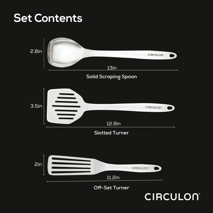 Introducing the 3-Piece Kitchen Utensils Set: crafted from durable stainless steel, this set includes a solid spoon, slotted turner, and off-set turner. Designed for convenience with ergonomic handles and dishwasher-safe materials, these tools will effortlessly elevate your cooking experience.