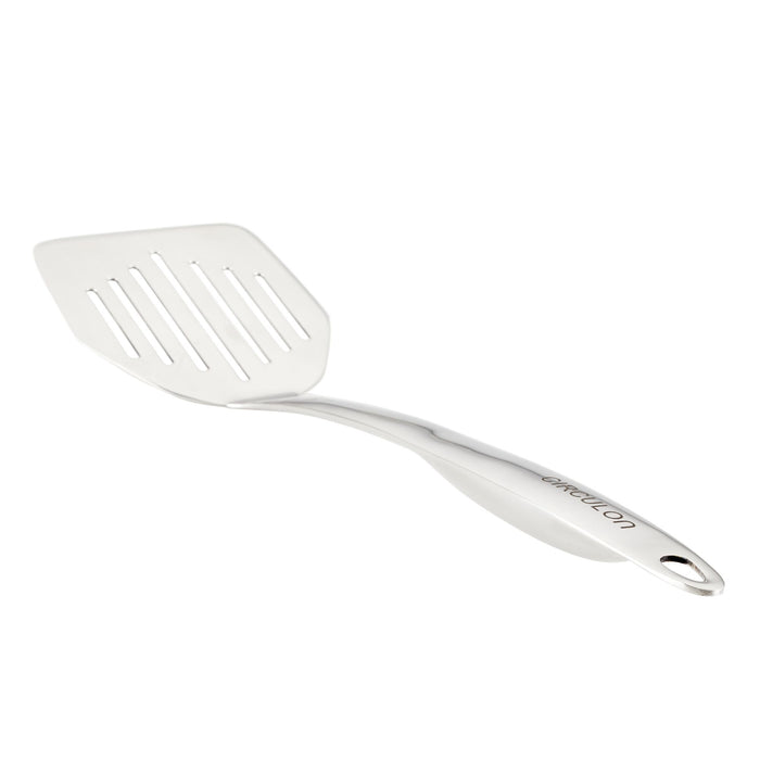 This stainless steel utensil from the 3-Piece Kitchen Utensils Set features a shiny, ergonomic handle, making the metal slotted spatula ideal for effortless cooking and cleaning. It's dishwasher safe for added convenience and stands out elegantly against a white background.