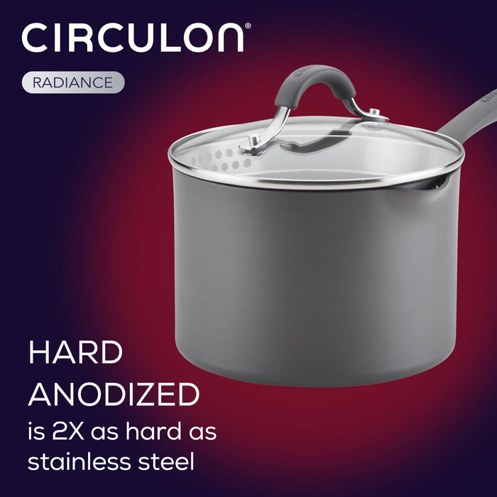 3-Quart Nonstick Straining Saucepan with lid, designed in hard-anodized construction, showcased against a dark gradient background.