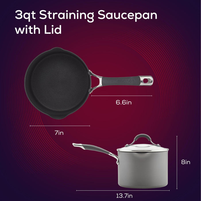 The 3-Quart Nonstick Straining Saucepan is displayed from both the top and side views, with dimensions clearly labeled. Its hard-anodized construction guarantees durability, and the advanced nonstick system provides easy cooking and cleanup.