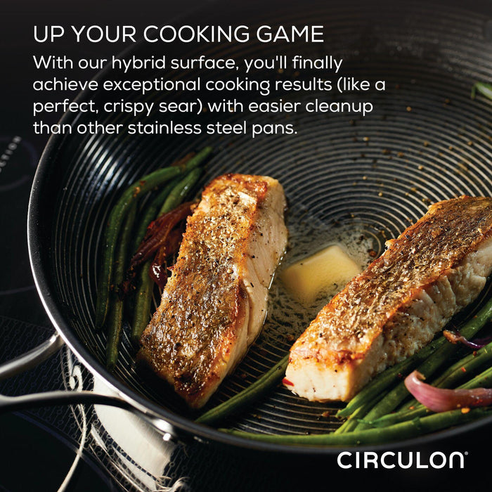 The 3.5 Quart Covered Chef Pan w/ Spoon ensures that salmon and green beans sizzle perfectly, thanks to its stainless steel design and nonstick grooves for effortless cooking.