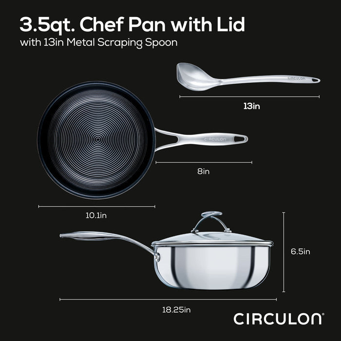 The 3.5 Quart Covered Chef Pan w/ Spoon features innovative SteelShield technology with nonstick grooves for a seamless cooking experience, and comes complete with a lid and spoon, offering precision in stainless steel.