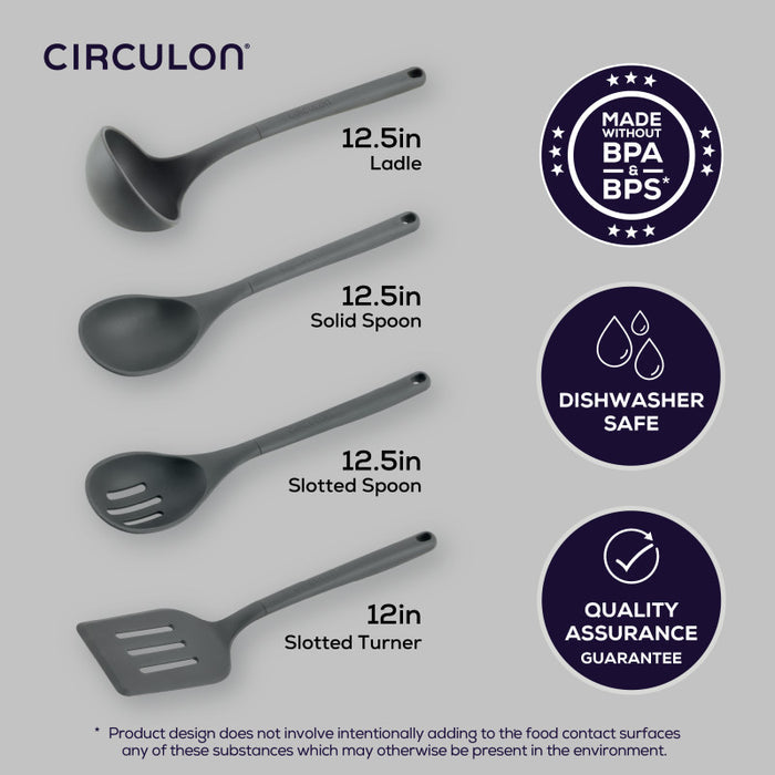 4-Piece Silicone Tools Set: includes ladle, solid spoon, slotted spoon, turner.