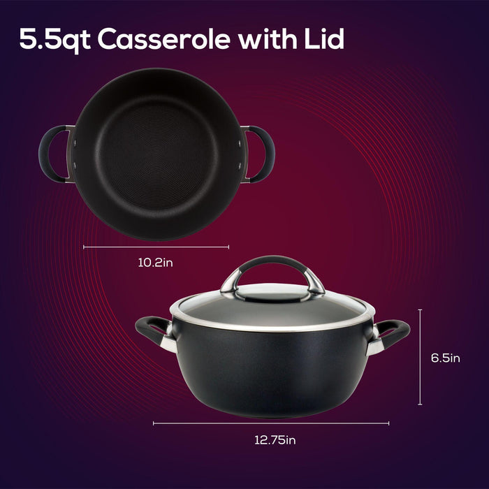 The 5.5-Quart Nonstick Casserole in black, crafted from heavy-duty hard-anodized aluminum for durability, is shown with top and side views as the ultimate one-pot meal maker.