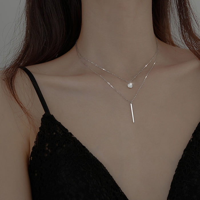 925 Sterling Silver Double layer Necklace Round Shiny Full Zircon Long pendant Necklaces DSers