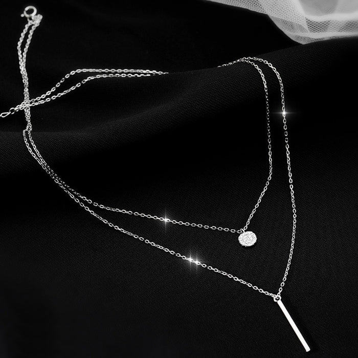 925 Sterling Silver Double layer Necklace Round Shiny Full Zircon Long pendant Necklaces DSers