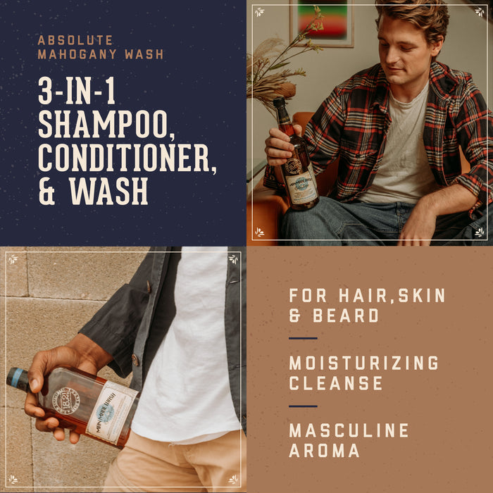 18.21 Man Made Absolute Mahogany Wash benefits: 3-in-1 Shampoo, conditioner and wash for hair, skin and beard. Moisturizing cleanse, masculine aroma