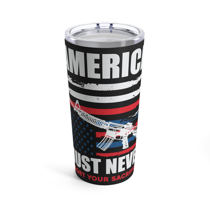 America Must Never Forget 20oz Military Design Tumbler - Black Background