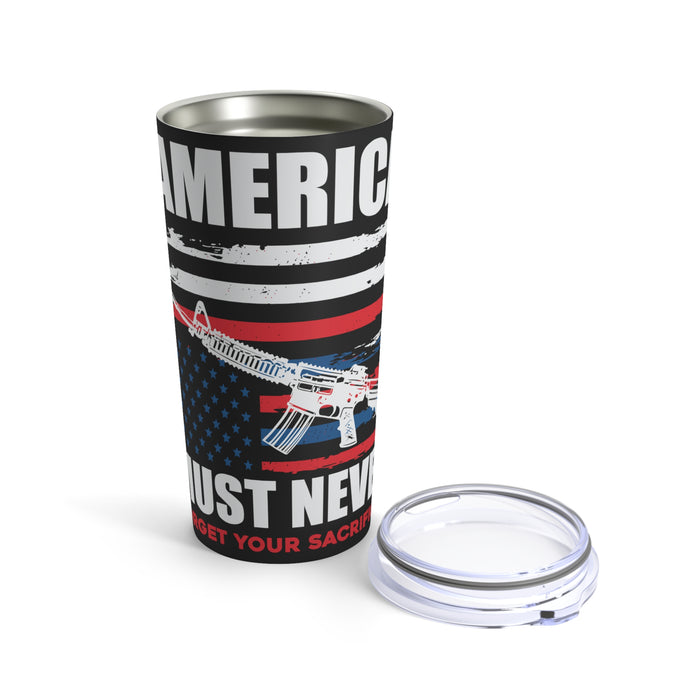 America Must Never Forget 20oz Military Design Tumbler - Black Background