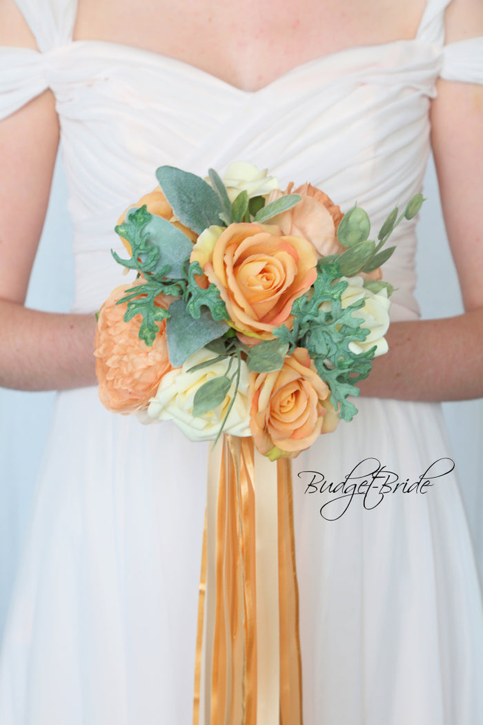 Small Bridal bouquet with apricot and cream roses and peonies with sage greenery and ribbon