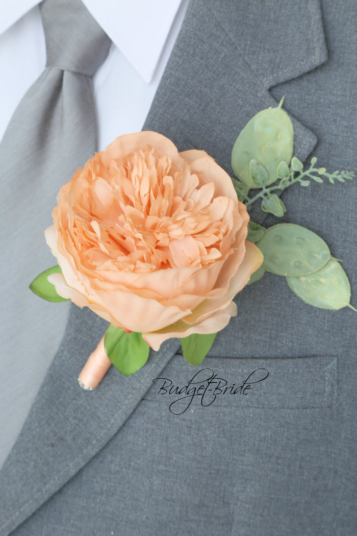 Apricot Mens lapel boutonniere with peony