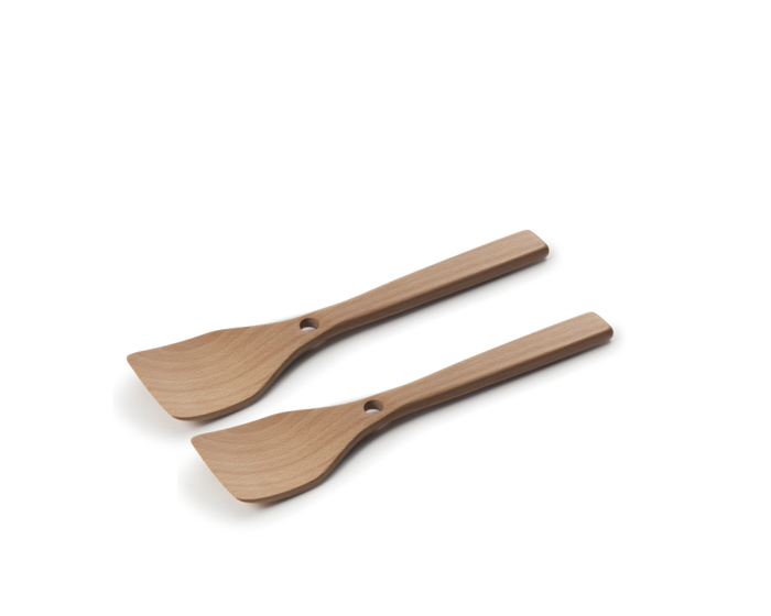 Two Beechwood Spatulas with flat, wide blades and handle holes, ideal as Always Pan accessories, are arranged side by side on a white background.