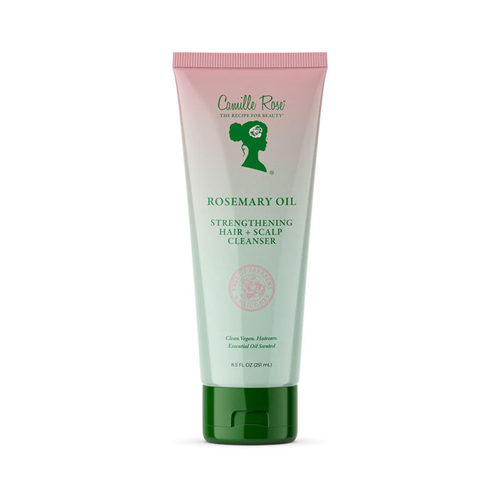 Camille Rose rosemary oil hair cleanser tube for strengthening hair and scalp in green and pink packaging