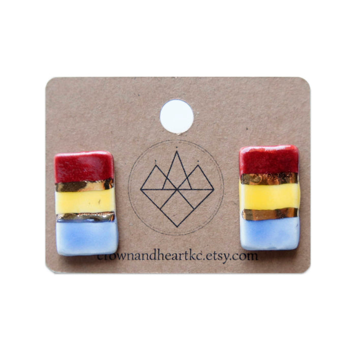Crown & Heart Striped Rectangle Stud Earrings