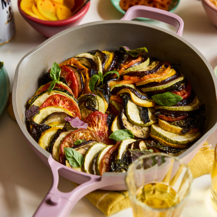 Purple ceramic nonstick always pan made without PFAS with roasted vegetables