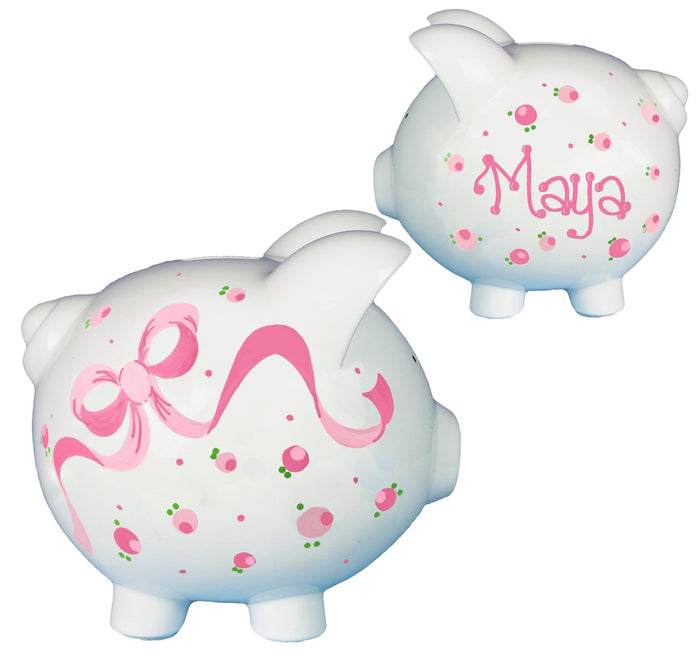 Hand Painted Personalized Classic Pink Bow Piggy Bank