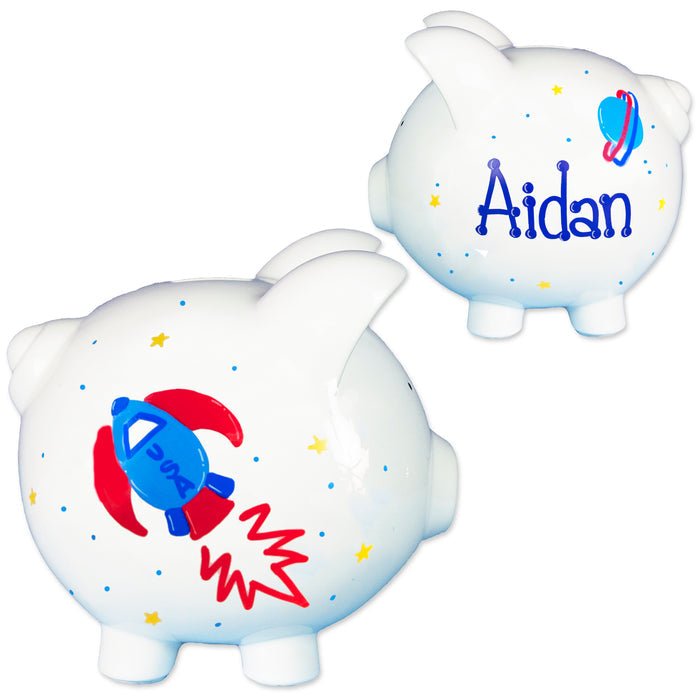 Hand Painted Personalized Classic Rocket and Planets Piggy Bank