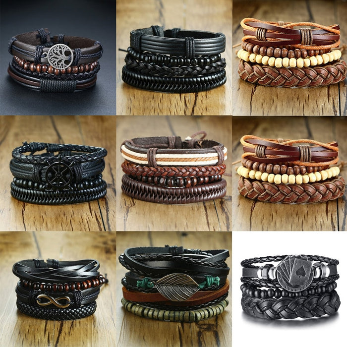 Handmade Recycled Imitation Braided Wrap Leather Bracelet 4Pcs/ Set DSers