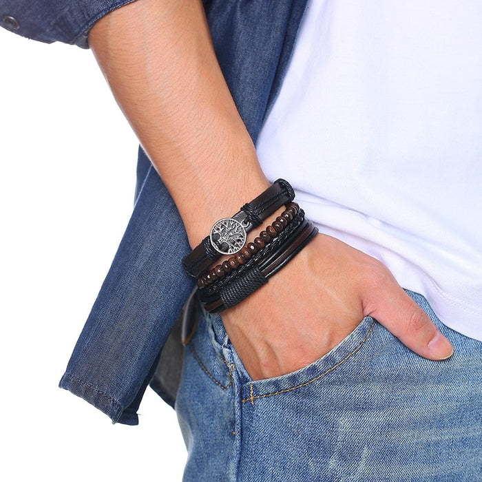 Handmade Recycled Imitation Braided Wrap Leather Bracelet 4Pcs/ Set DSers