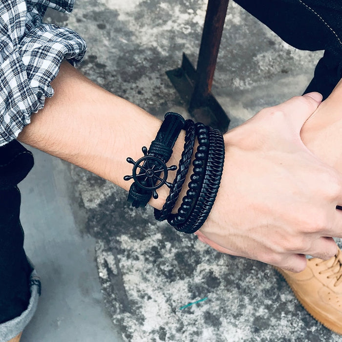 Handmade Recycled Imitation Braided Wrap Leather Bracelet 4Pcs/ Set DSers