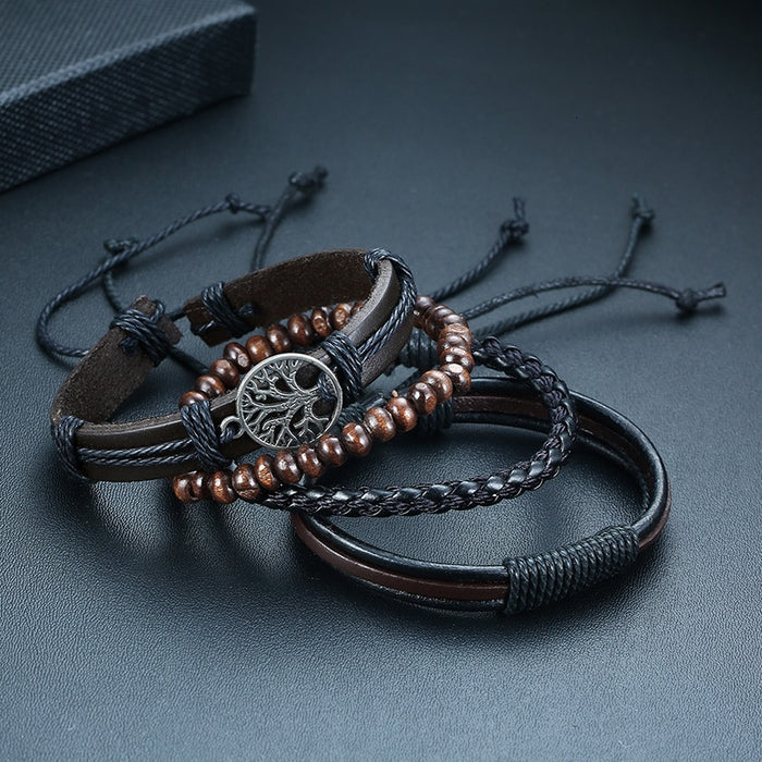 Handmade Recycled Imitation Braided Wrap Leather Bracelet 4Pcs/ Set DSers