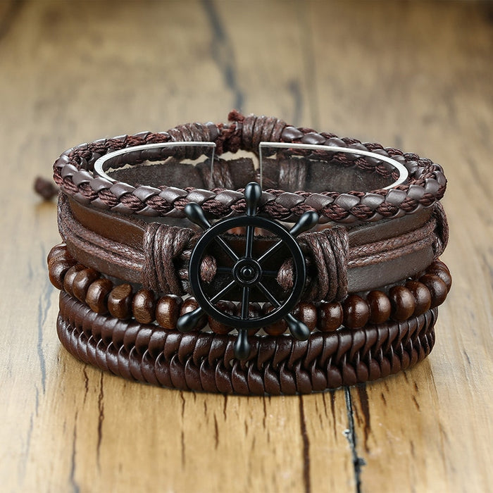 Handmade Recycled Imitation Braided Wrap Leather Bracelet 4Pcs/ Set DSers