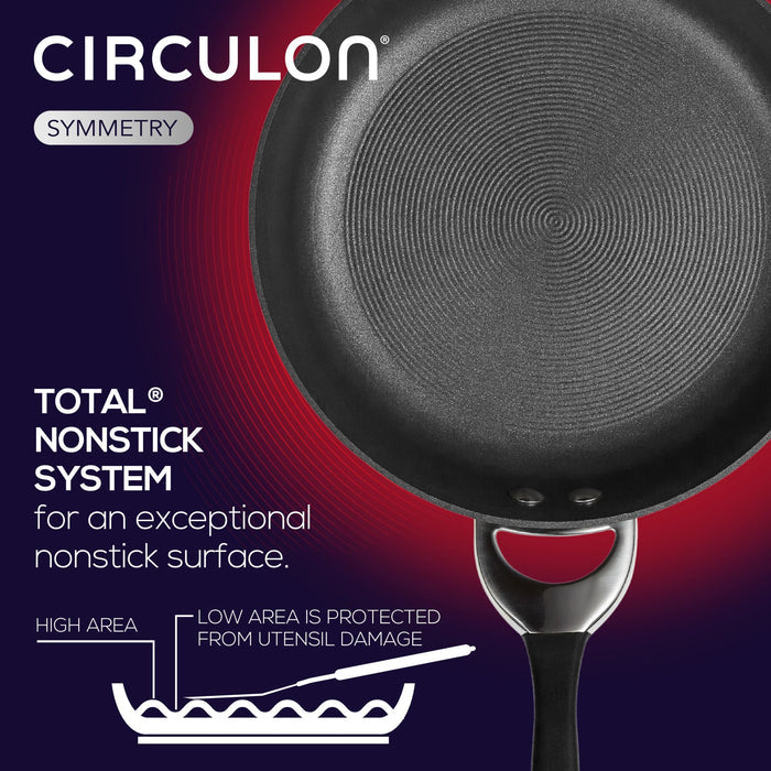The Hard-Anodized Frying Pan Set features a Total Nonstick System that provides exceptional utensil protection and is ideal for use on induction stovetops.