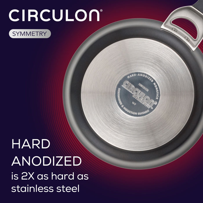 The Hard-Anodized Frying Pan Set is designed with a hard-anodized surface that is twice as hard as steel. It features an advanced nonstick system for easy cooking and cleaning. Additionally, it is fully compatible with induction stovetops, making it ideal for any modern kitchen.