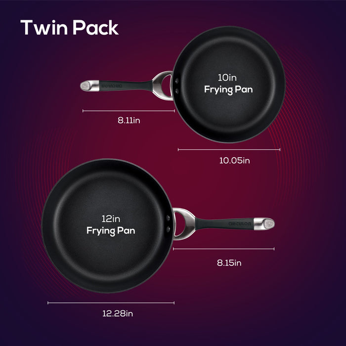 Explore the ideal Hard-Anodized Frying Pan Set, which includes 10-inch and 12-inch pans with precise measurements. These induction stovetop compatible pans feature a dependable nonstick system, guaranteeing outstanding performance and effortless cleanup with each use.