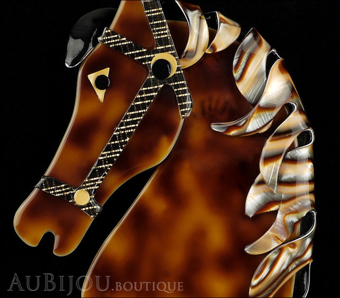 Lea Stein Butter The Horse Head Brooch Pin Caramel Abalone Gallery