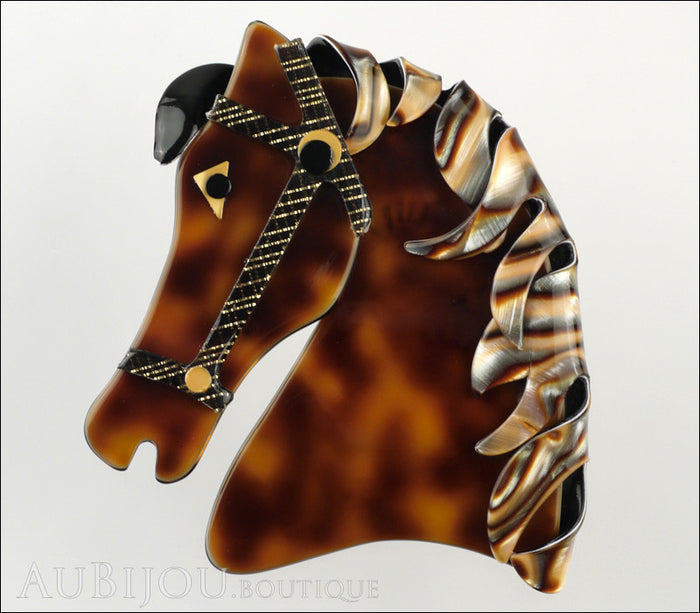 Lea Stein Butter The Horse Head Brooch Pin Caramel Abalone Front